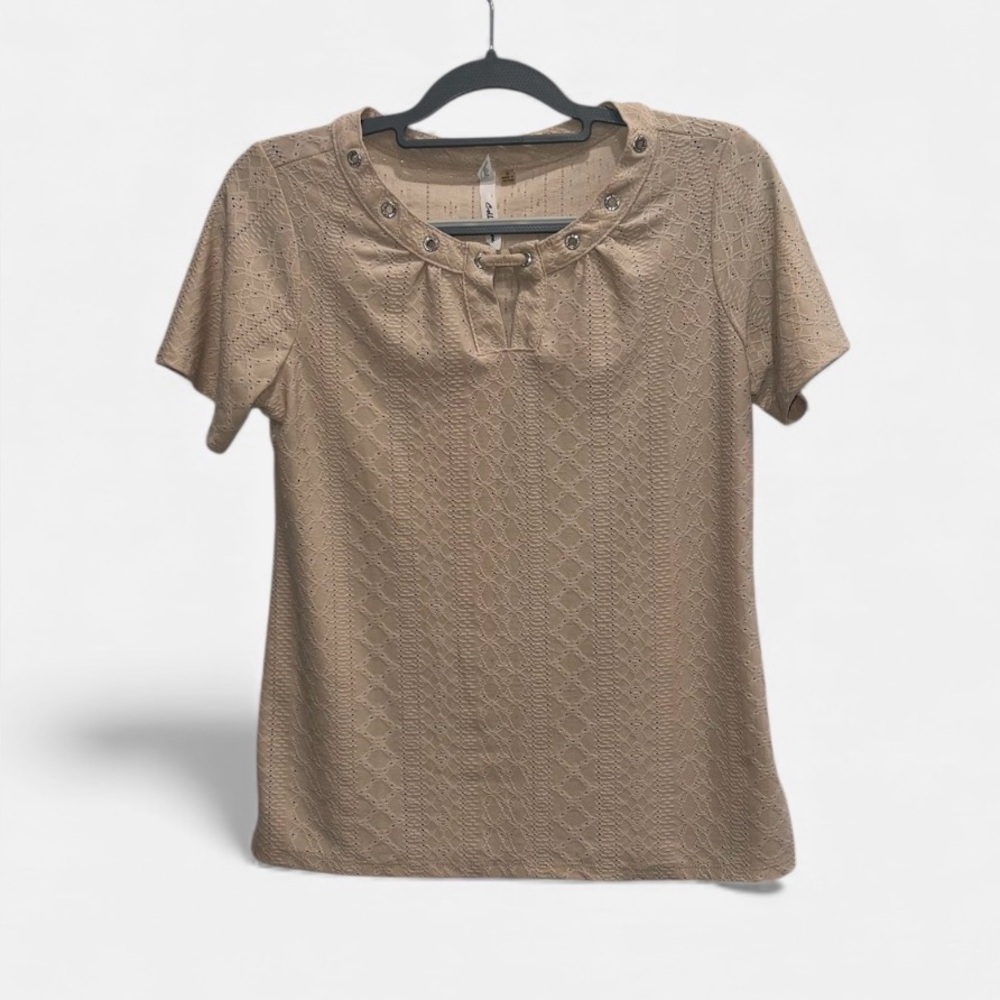 NY Collection Women’s Textured Eyelet Beige Blouse Size Medium